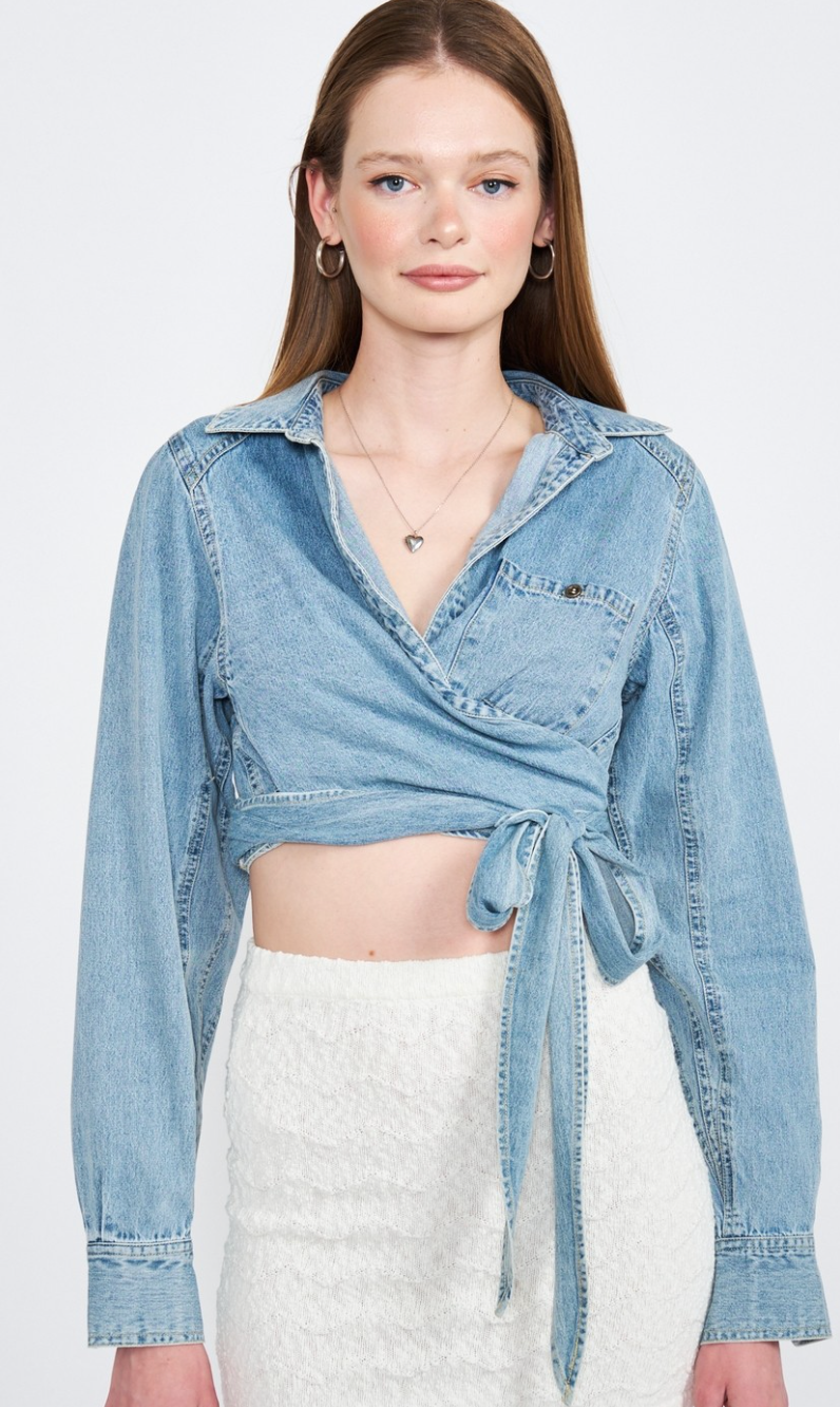 Cropped Tie Denim Blouse