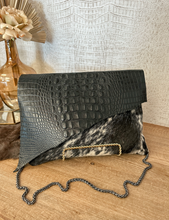 Load image into Gallery viewer, Black Croc with Black/White Spec Hide Clutch/Crossbody
