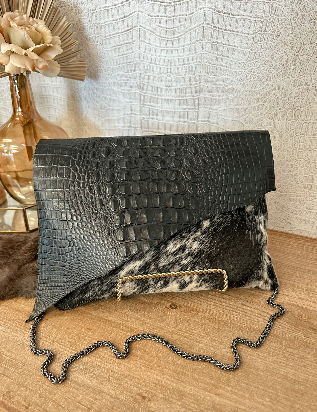 Black Croc with Black/White Spec Hide Clutch/Crossbody