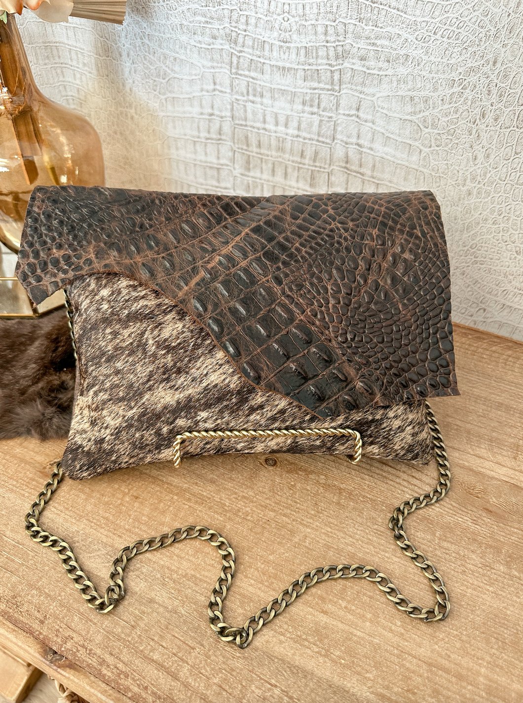 Dark Brown Croc with Brindle Hide Clutch/Crossbody