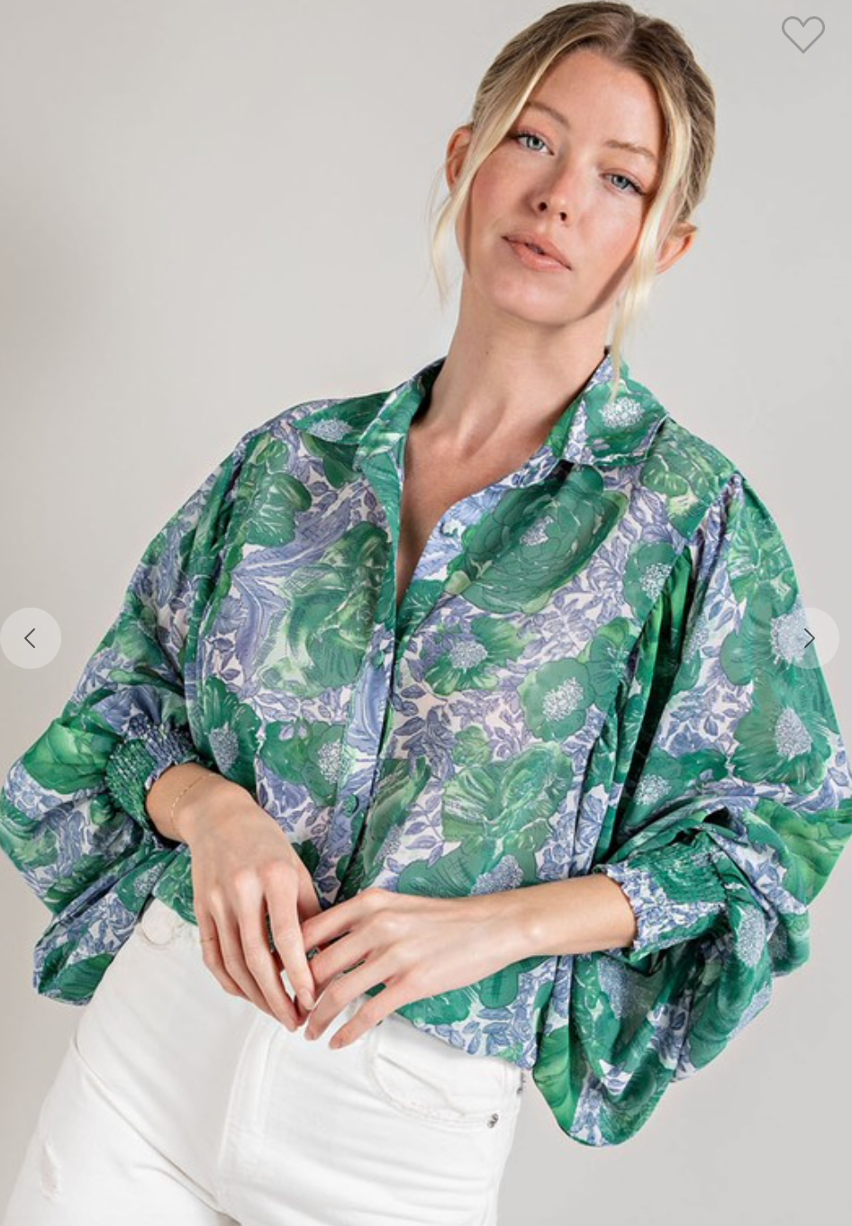 Green Floral Puff Sleeve Blouse