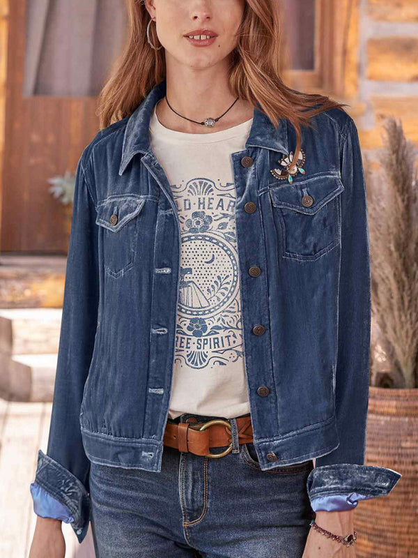 Women's Solid Color Velvet Crop Trucker Jacket