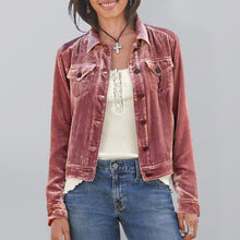 Load image into Gallery viewer, Women&#39;s Solid Color Velvet Crop Trucker Jacket
